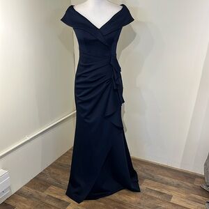 Xscape Navy Blue Off-Shoulder Gown